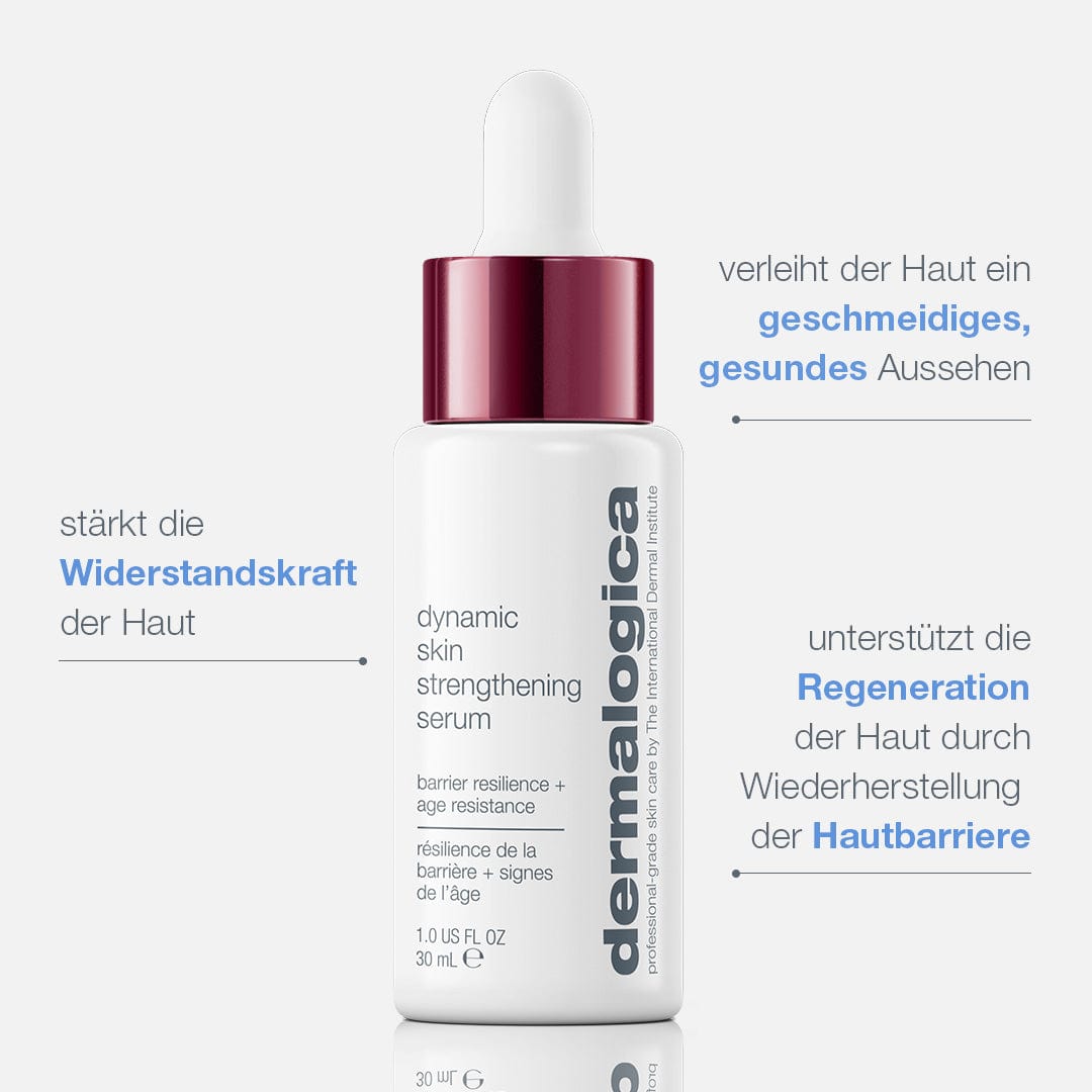 Eine Flasche Dermalogica Dynamic Skin Strengthening Serum mit deutschem Text, der seine Vorteile wie die Verbesserung der Hautelastizität und die Unterstützung der Regeneration mithilfe der fortschrittlichen BioShield-Technologie hervorhebt.