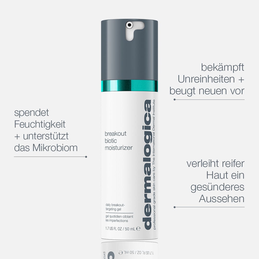 Eine Flasche Breakout Biotic Moisturizer mit deutschem Text, der die Vorteile wie bekämpft Unreinheiten und unterstützt das Hautmikrobiom mit Salicylsäure hervorhebt.