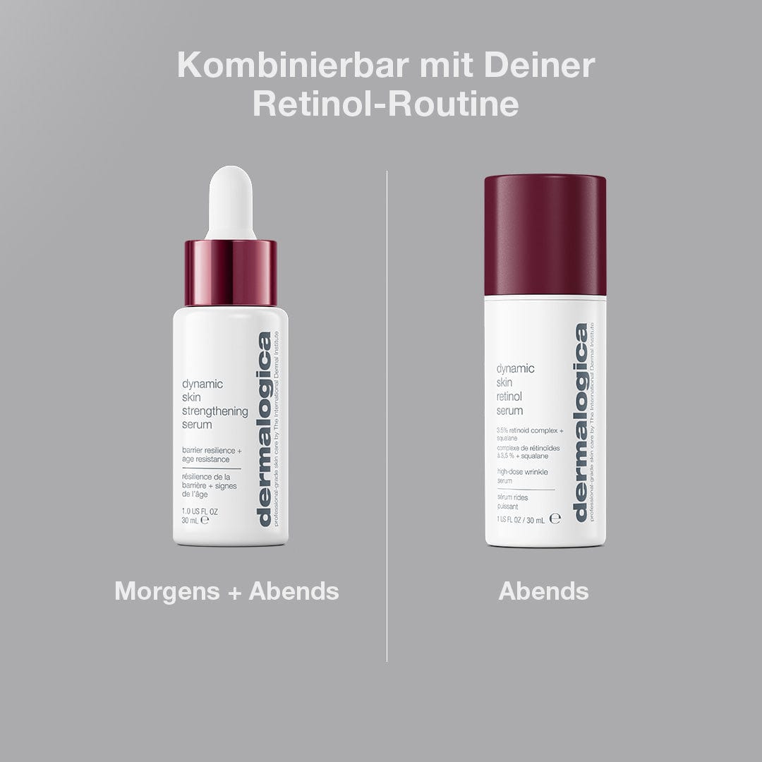 Auf grauem Hintergrund sind zwei Produkte von Dermalogica abgebildet: links eine Tropfflasche mit Dynamic Skin Strengthening Serum zur morgendlichen und abendlichen Anwendung zur Verbesserung der Hautelastizität, rechts eine Pumpflasche mit BioShield-Technologie zur abendlichen Anwendung.