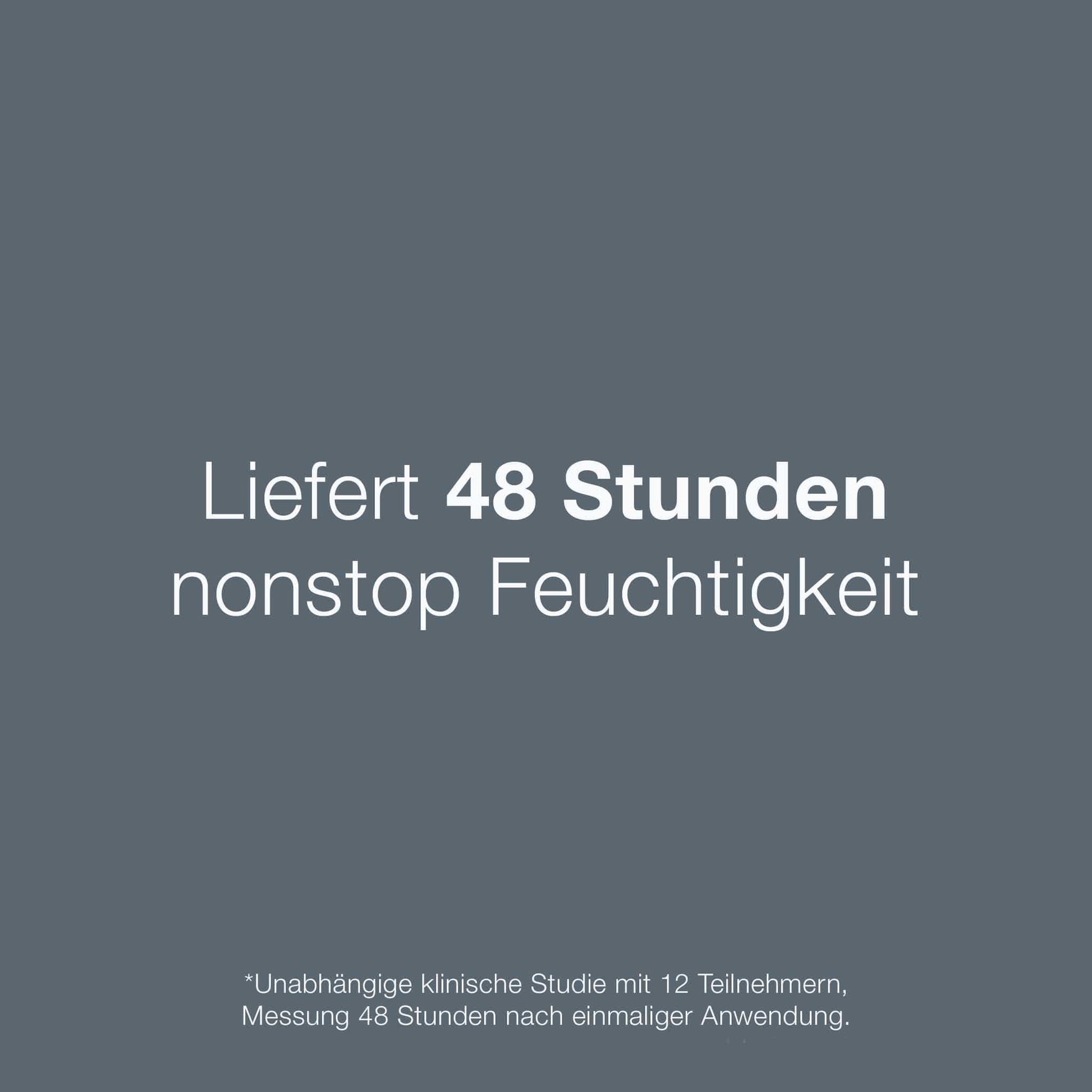 Grauer Hintergrund, weißer Text: "Skin Smoothing Cream liefert 48 Stunden nonstop Feuchtigkeit dank HydraMesh Technologie™." Kleine Schrift darunter verweist auf eine klinische Studie mit 12 Teilnehmern, gemessen nach einer Anwendung.