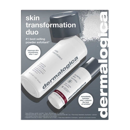 Die Skin Transformation Duo Box enthält Daily Microfoliant und Dynamic Skin Recovery SPF50 für strahlende Haut, wobei die Produktvorteile auf der Verpackung ausführlich beschrieben sind.