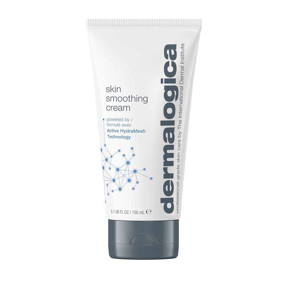 Weiße 150-ml-Tube der Skin Smoothing Cream mit blauem und grauem Text, mit HydraMesh Technology und Hyaluronsäurekomplex.