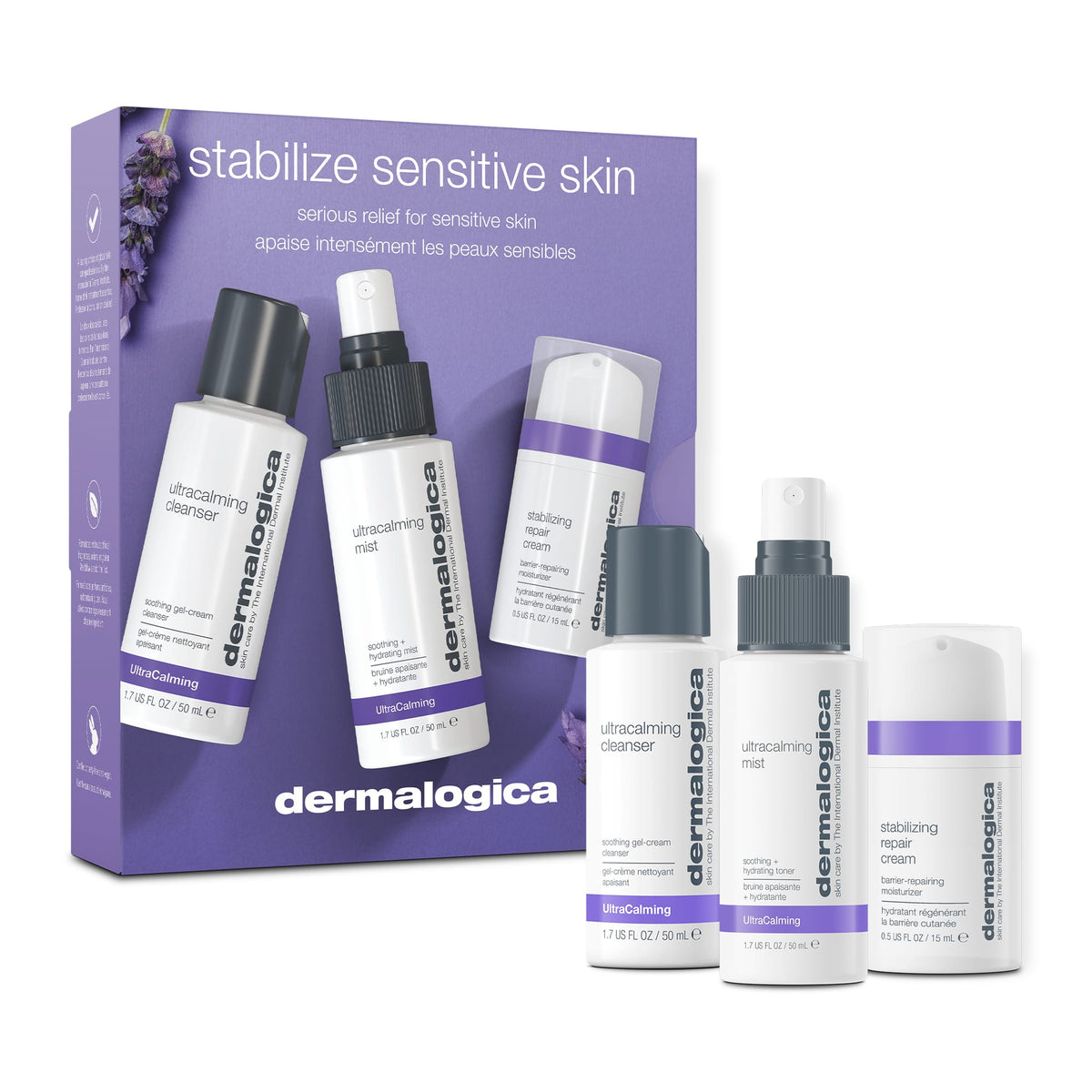 Das Set zur Beruhigung empfindlicher Haut – bestehend aus dem UltraCalming Cleanser, dem Mist und der Repair Cream – wirkt gezielt gegen Rötungen und beruhigt empfindliche Haut; es ist vor der Produktverpackung ausgestellt.