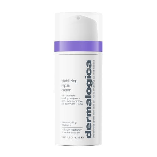Die Stabilizing Repair Cream | Beruhigende Pflege von Dermalogica für empfindliche Haut zeigt ein lila-weißes Motiv. Der Text hebt den Ceramid-Komplex und die Cica-Vorteile vor einem makellos weißen Hintergrund hervor.