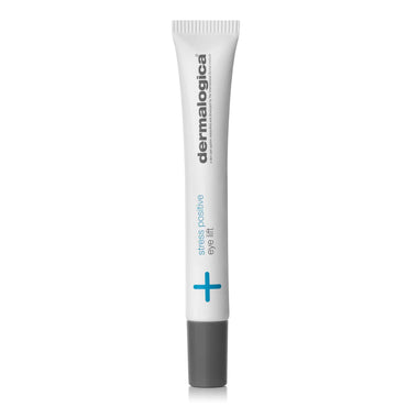Eine Tube Stress Positive Eye Lift mit weißem Körper, grauer Kappe und blauem Text steht aufrecht vor einem weißen Hintergrund.
