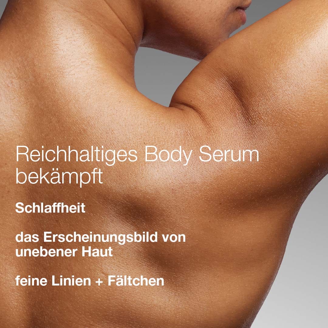 Nahaufnahme einer nackten Schulter und eines Oberarms mit deutschem Text, der die Vorteile von Dynamic Skin Sculptor für straffere, glattere Haut sowie die Reduzierung schlaffer, unebener Haut, feiner Linien und Falten hervorhebt.