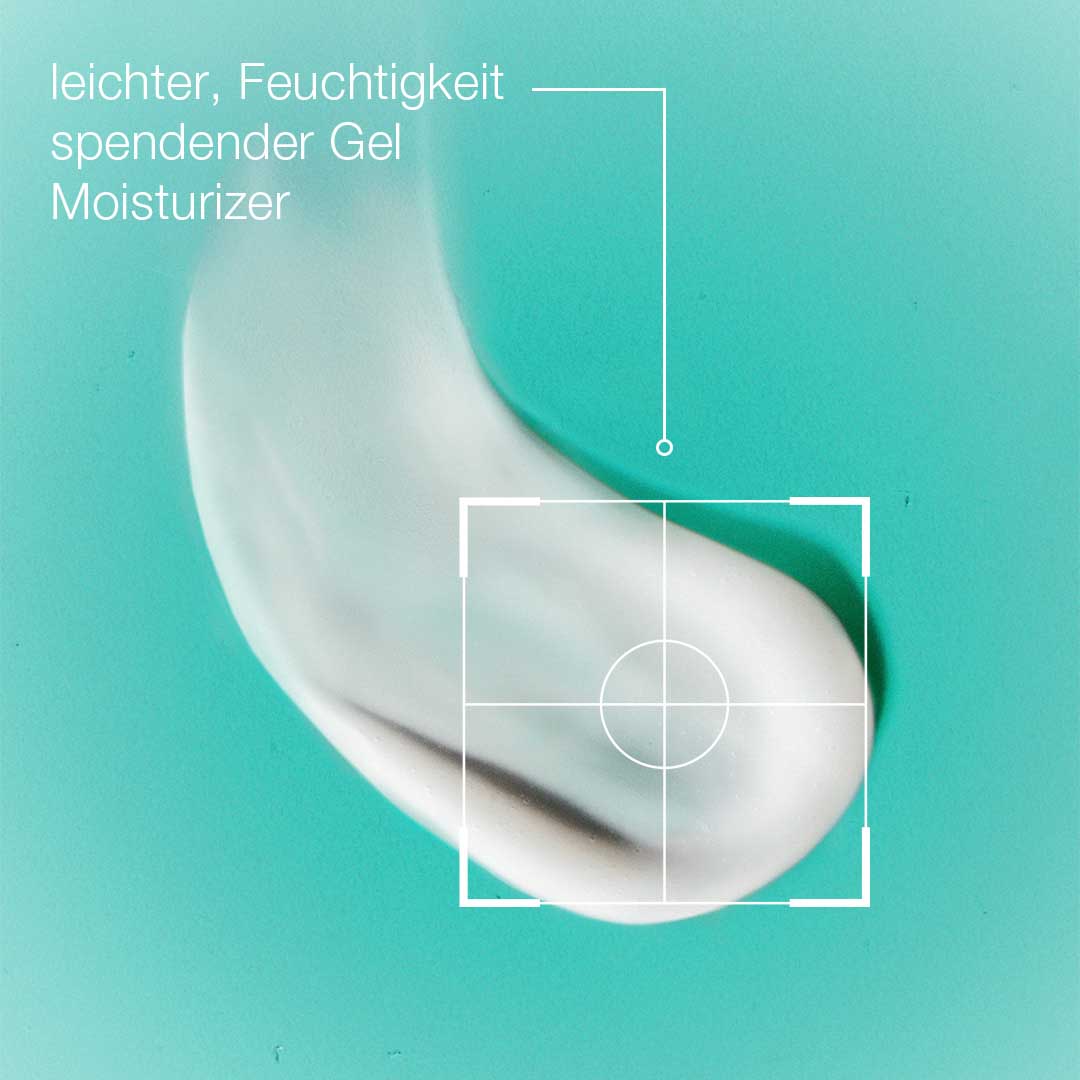 Ein weißer Klecks Breakout Biotic Moisturizer erscheint auf türkisfarbenem Hintergrund. Der deutsche und englische Text hebt die leichte, feuchtigkeitsspendende Formel hervor - ideal für zu Unreinheiten neigende Haut.