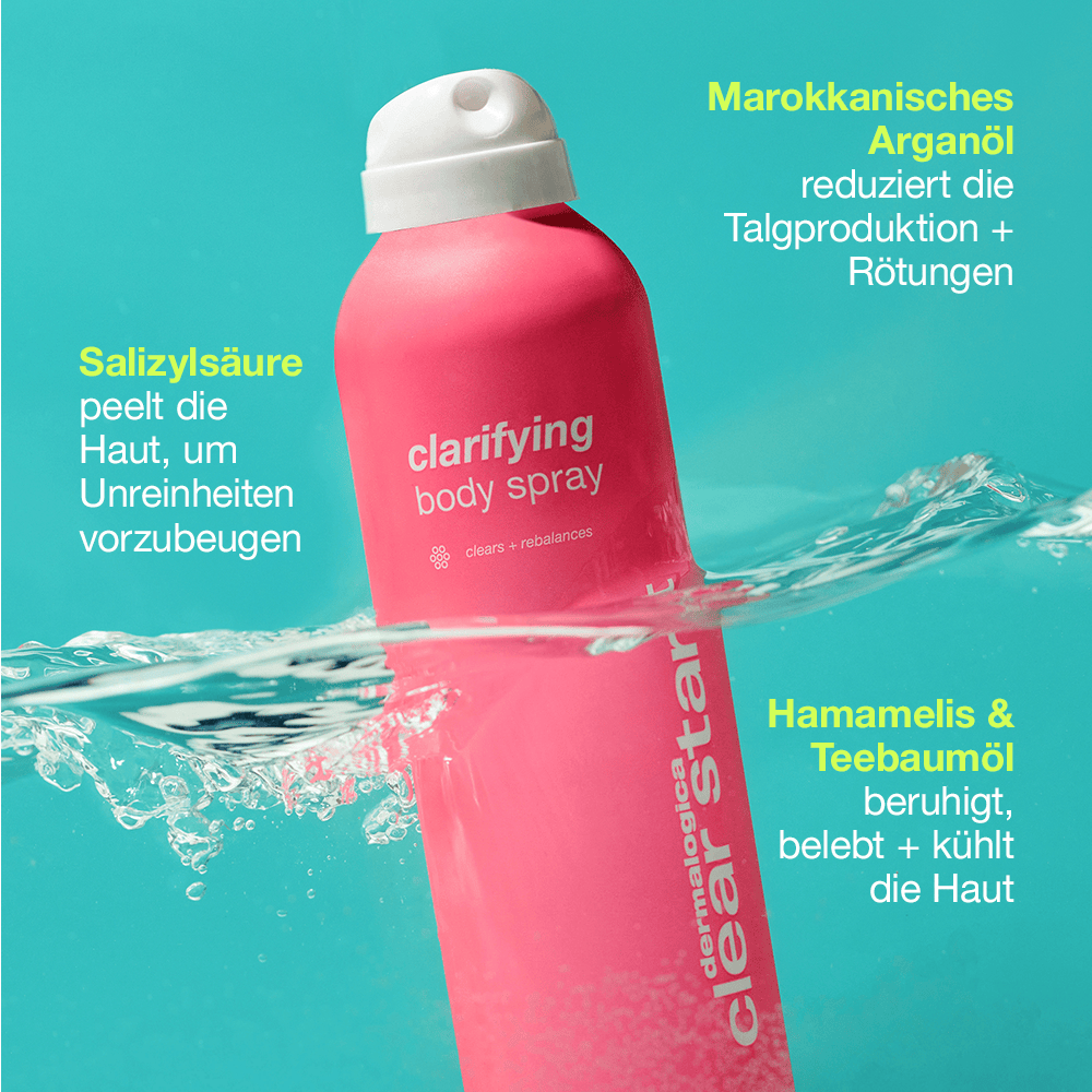 Eine rosa Flasche „Clarifying Body Spray“ ist teilweise ins Wasser getaucht; um sie herum sind die Produktvorteile wie „Salicylsäure“ und „Körperakne“ auf Deutsch aufgedruckt.