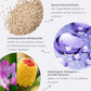 Collage aus vier Bildern: Quinoasamen, Wassertropfen auf einer Oberfläche, eine gelbe und eine rosa Blume und Text zu den Hautpflegevorteilen von Phyto Nature Lifting Eye Cream | Augenpflege mit Lifting-Effekt.