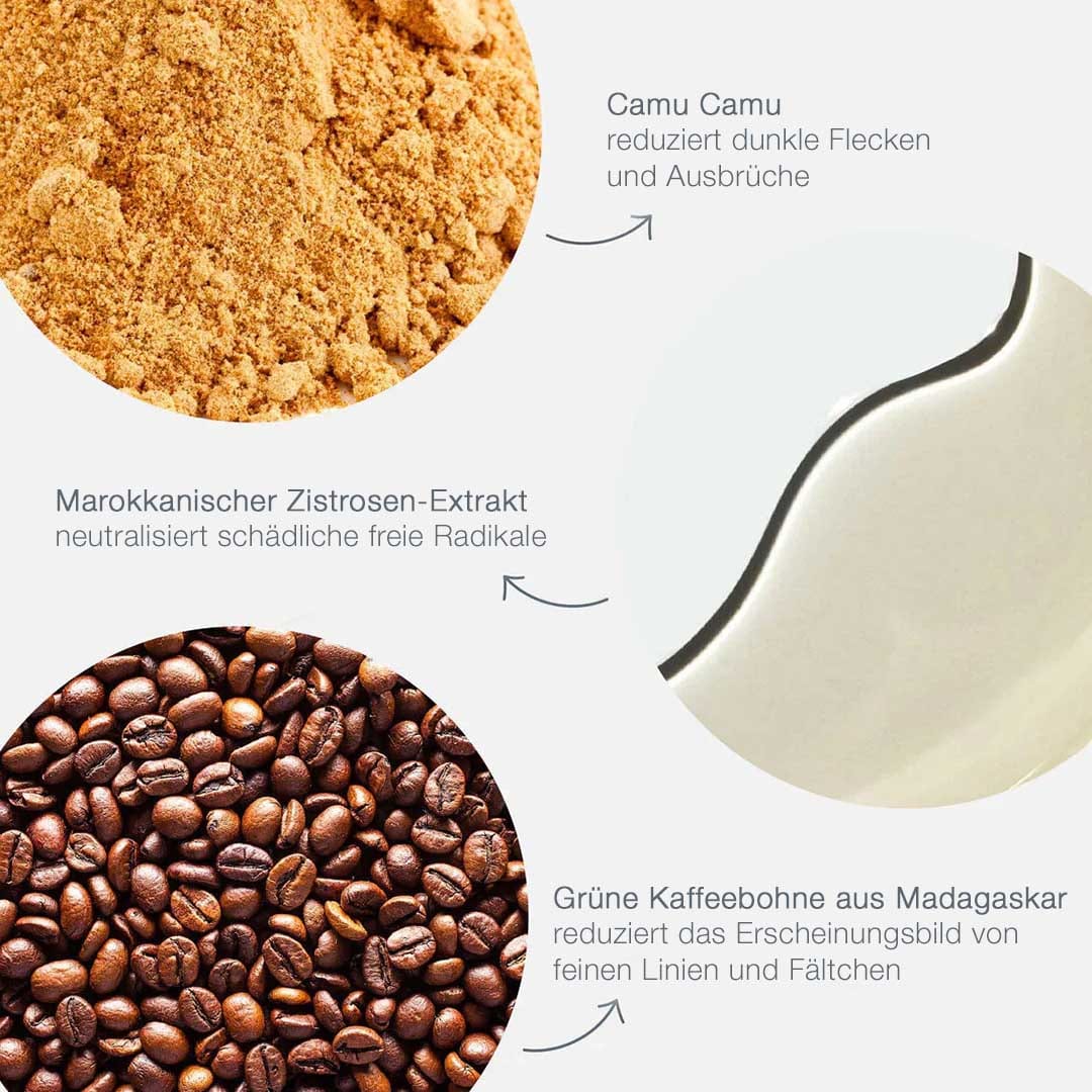 Neben Puder, Kaffeebohnen und einer Probe weißer Creme wird ein deutscher Text gezeigt, der die hautpflegende Wirkung des Phyto Nature Firming Serums mit biomimetischen Peptiden zur Verringerung der sichtbaren Hautalterung hervorhebt.