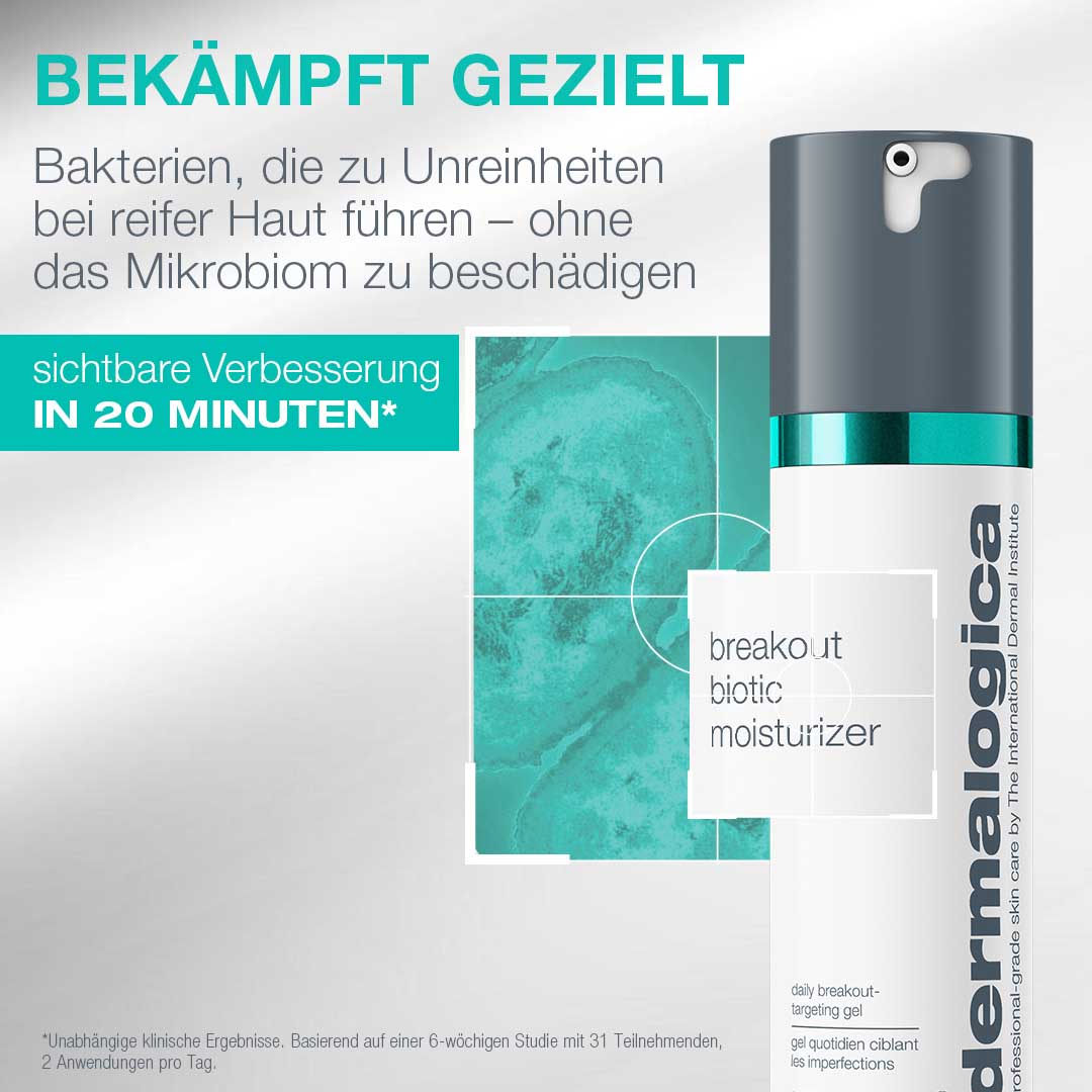 Breakout Biotic Moisturizer Flasche, mit Vorteilen wie Salicylsäure zur Bekämpfung von Unreinheiten und einer Nahaufnahme der Hauttextur, die eine sichtbare Verbesserung in 20 Minuten zeigt.