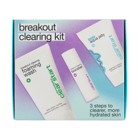 Breakout Clearing Kit mit drei Hautpflegeprodukten in einer Verpackung mit der Beschriftung "3 steps to clearer, more hydrated skin".