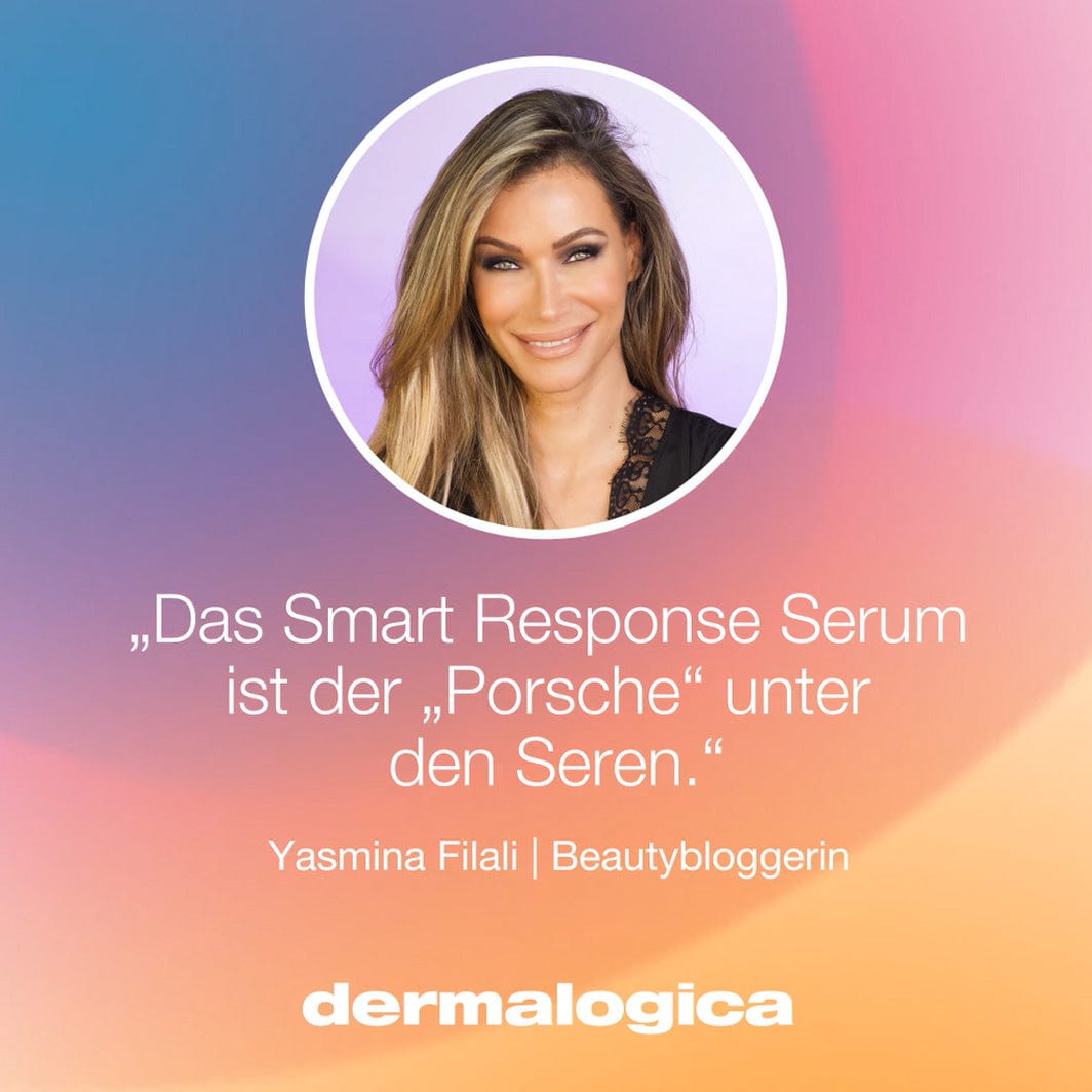 Frau mit lächelndem Gesicht, Textzitat über das Smart Response Serum von , unterschrieben von Yasmina Filali als Beautybloggerin.